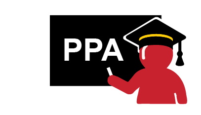 The PPA logo with a cartoon person wearing a graduation cap and holding a piece of chalk.